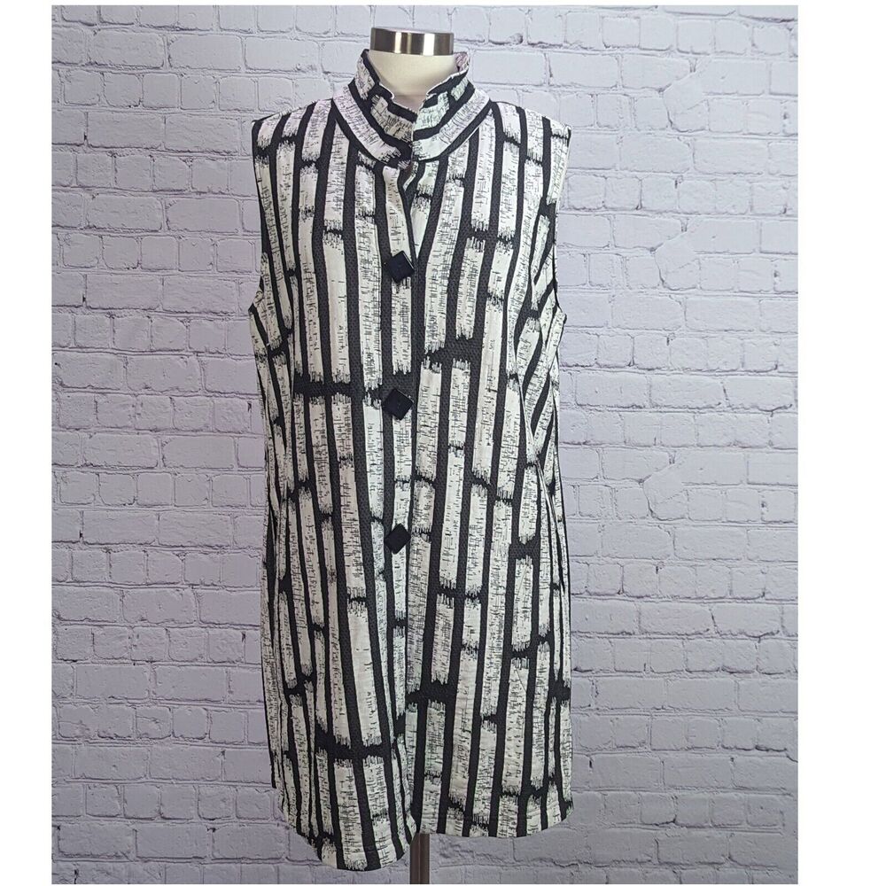 Ali Miles Size XL Black & White Stripe Sleeveless Long Vest Jacket Wired Collar